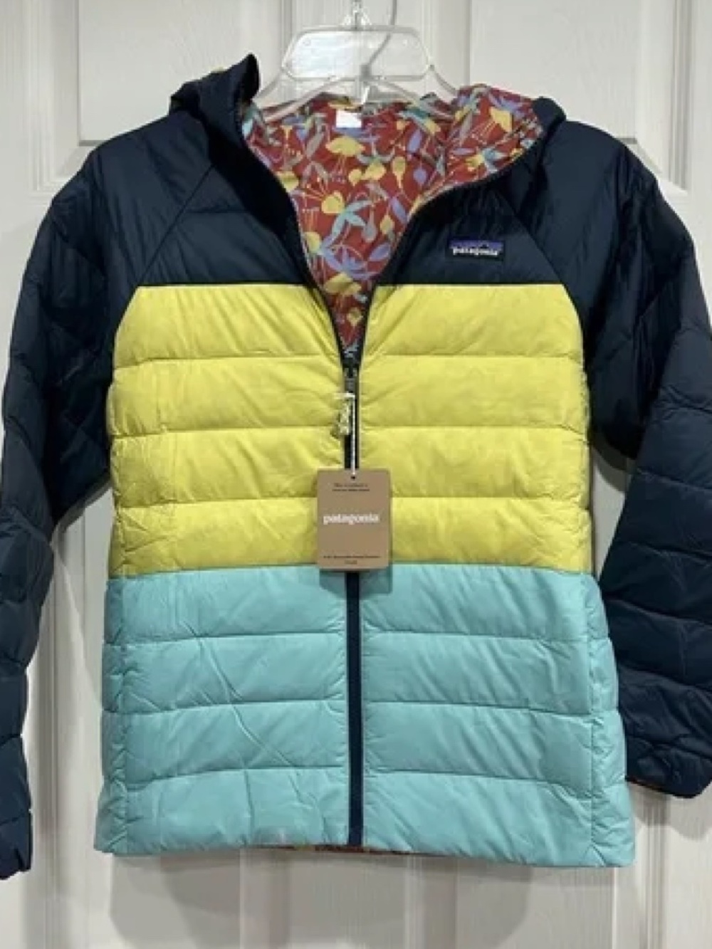 Patagonia Kids' Large Reversible Down Sweater Hoodie NWT Puffer Jacket Navy Blue